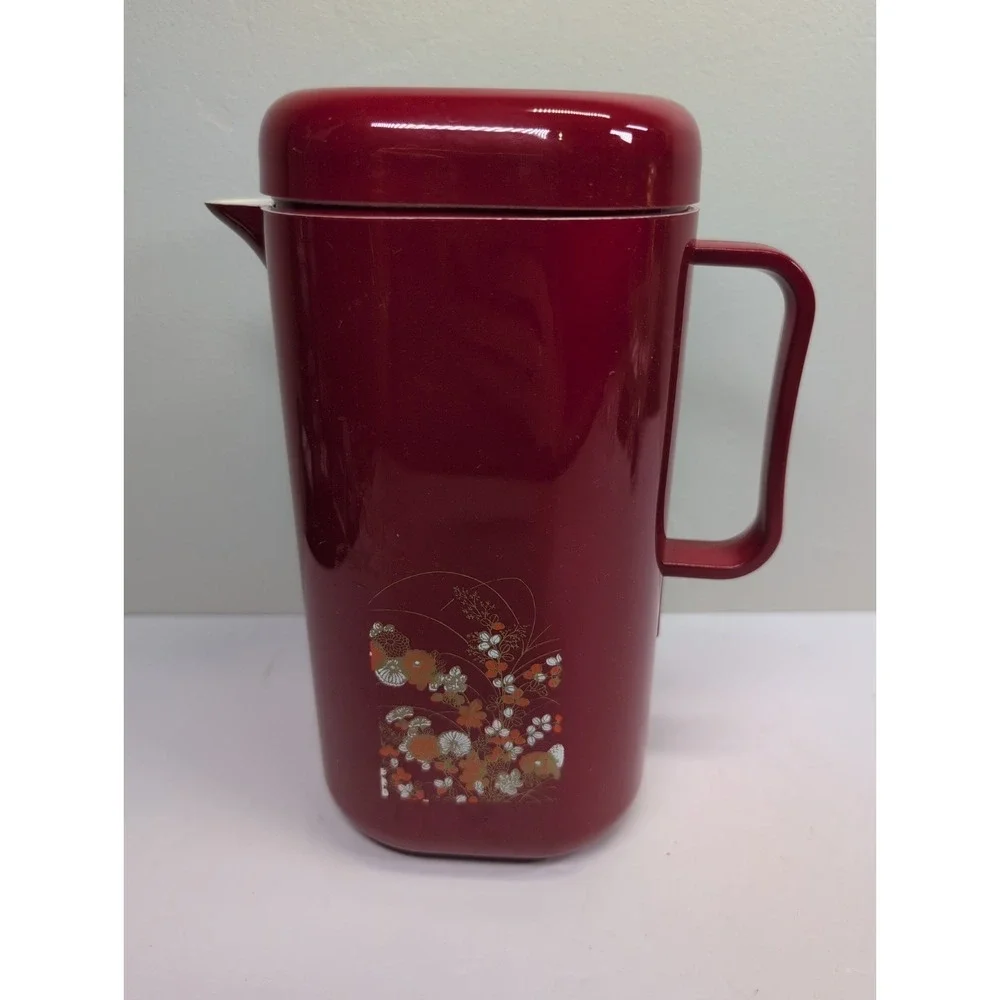 Vintage‎ Japanese Pitcher Plastic Red With White & Orange Flowers